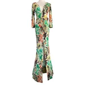 NWT Symphony Dress Womens Medium Floral Print 3/4 Sleeve Hi Slit V Neck Tie Belt